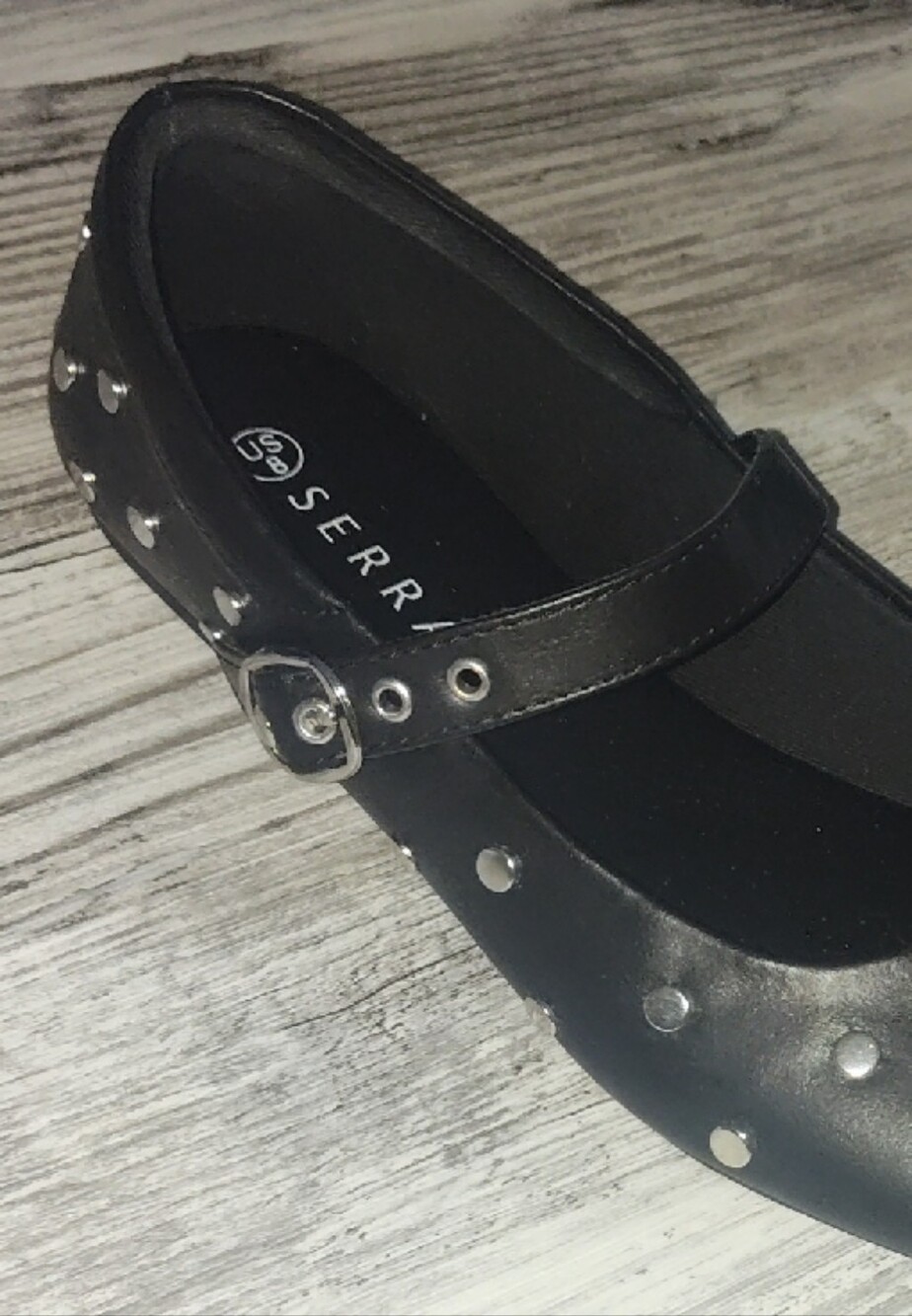 Serra Black Studded Mary Jane Flats with Silver Accents